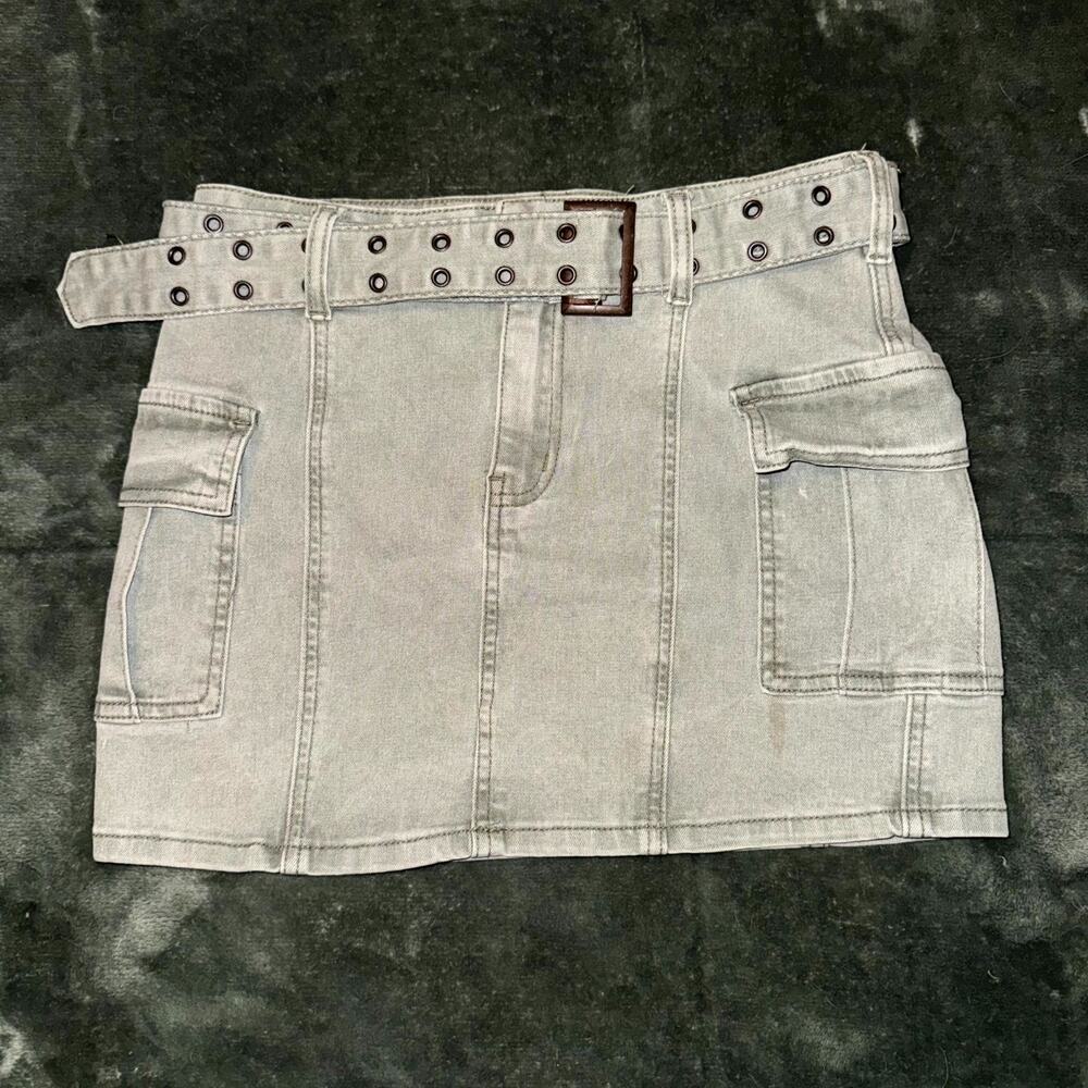 Sincerely Jules Mini Skirt‎ Women's 3/25 Gray Cargo Pockets Belted Denim Grunge